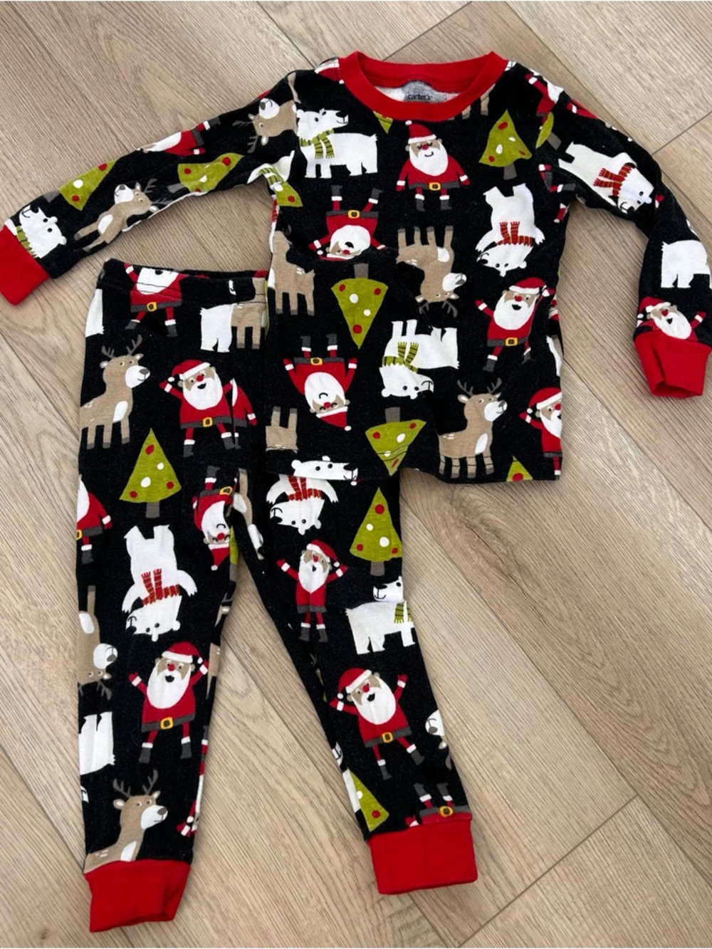Kids Holiday Santa & Reindeer Pajama Set - Black with Red Trim - 18 months